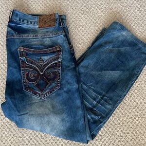 Affliction Men's Distressed Blue Jeans with Embroidered Design
